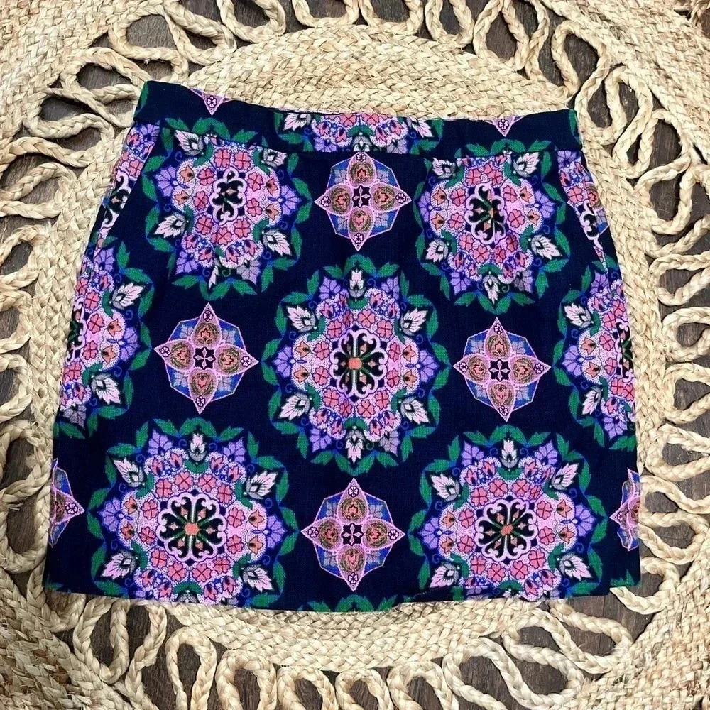J. Crew Basketweave Mandala Mini Skirt Womens Size 12 Lined Back Zip Pockets